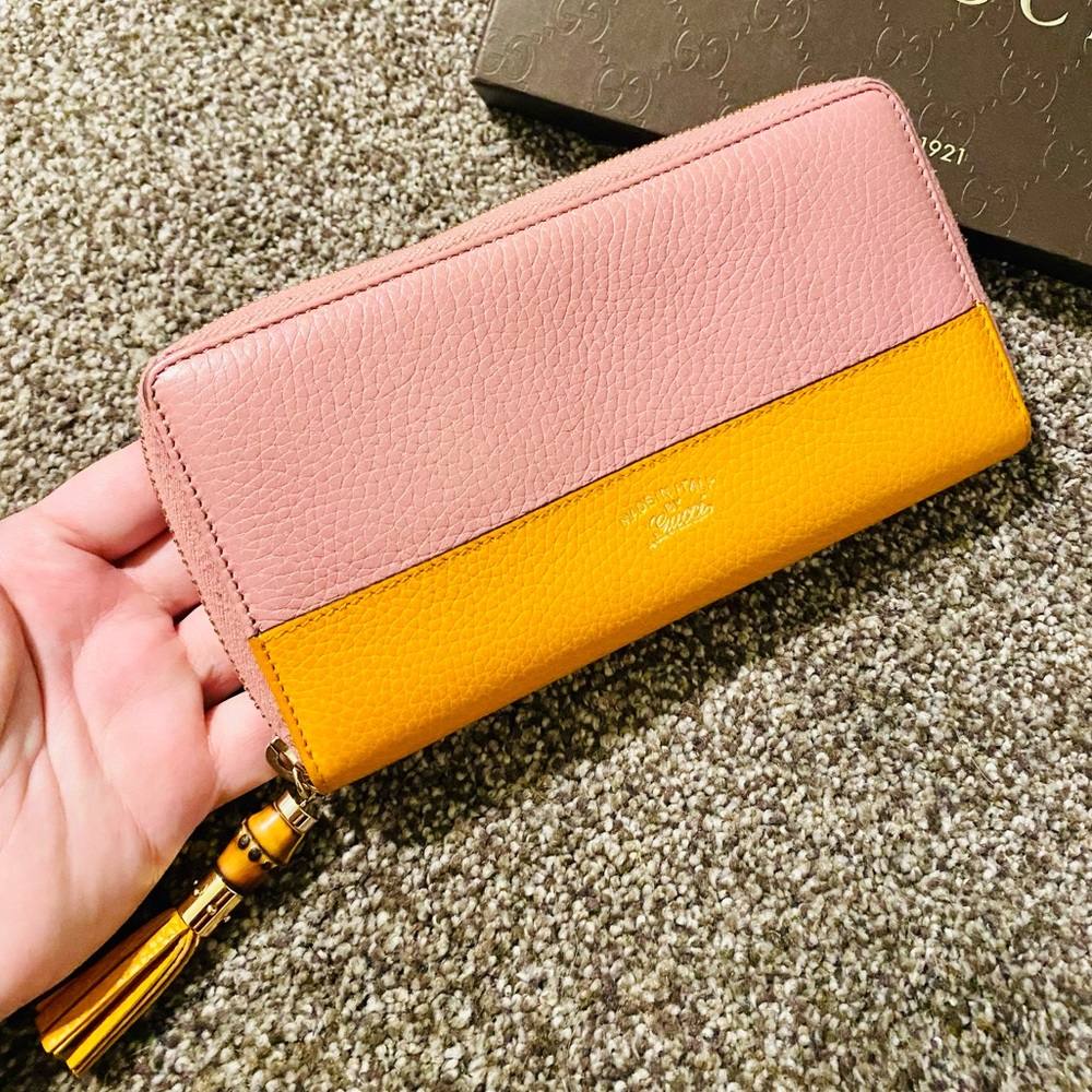 EUC GUCCI LE Japan Exclusive Two Tone Pink & Orange Leather Bamboo Long Wallet - Picture 2 of 16